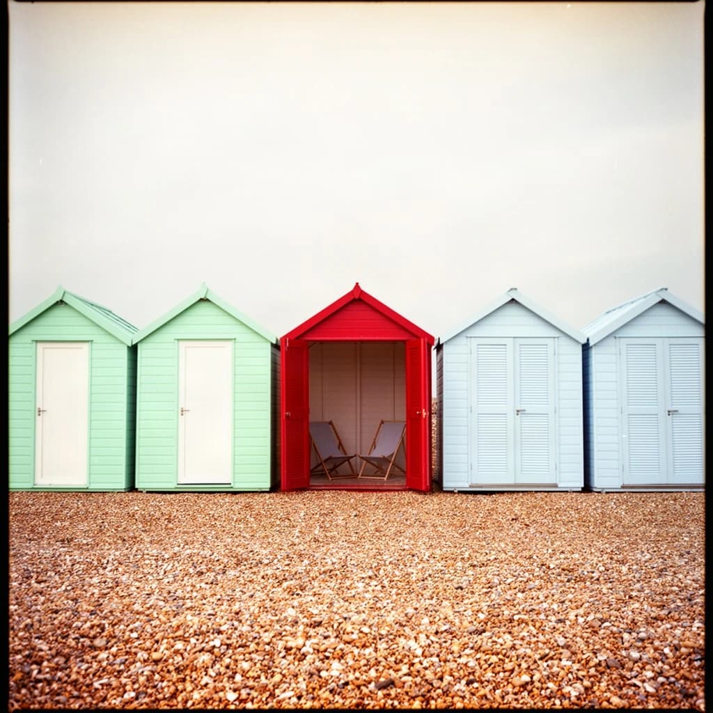 35mm film photo of seven beach huts in a row on a shingle bank. The three left huts are mint green with white doors, the middle one is red with its doors open showing two deckchairs inside, the three right huts are pale blue and shuttered.