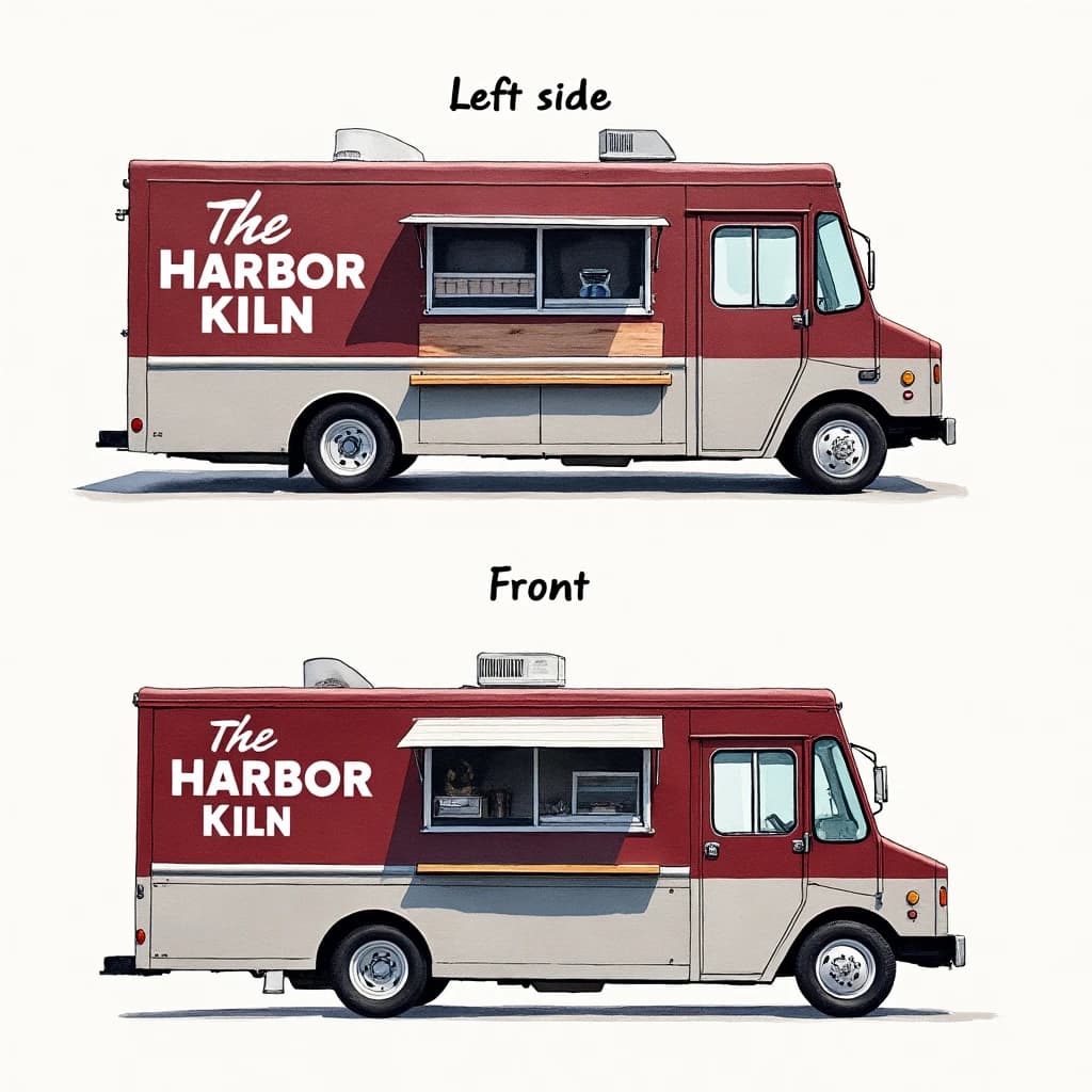 Watercolor of the same food truck drawn in two sides, captioned "left side" and "front", every side carrying the wordmark "The Harbor Kiln" with a simple crown outline beside it in the same maroon-and-gray coloring, only the side changing.