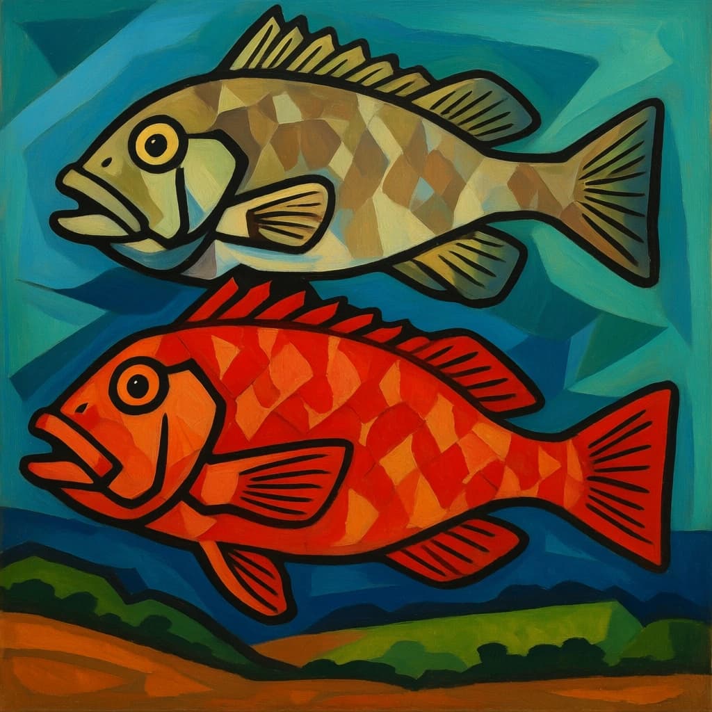 Carangid Fish and Red Porgy in Dodoma, Tanzania in the style of cubist