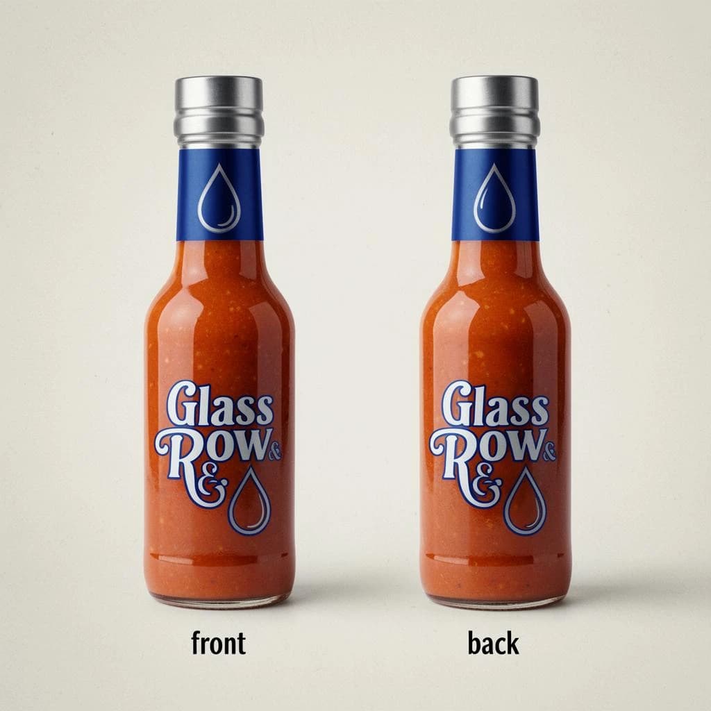 Printed poster of the same hot-sauce bottle drawn in two views, captioned "front" and "back", every view carrying the wordmark "Glass & Row" with a single droplet symbol beside it in the same blue-and-silver coloring, only the angle changing.