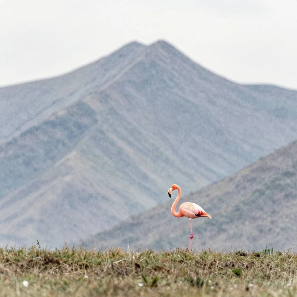 flamingo, mountain ridge, light rain, off-center framing with negative space, watercolor, soft edges