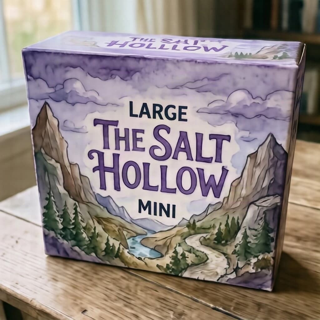 Watercolor of the same board-game box drawn in three editions, captioned "Large", "Travel" and "Mini", every edition carrying the wordmark "The Salt Hollow" in the same purple-and-white coloring, only the box size changing.