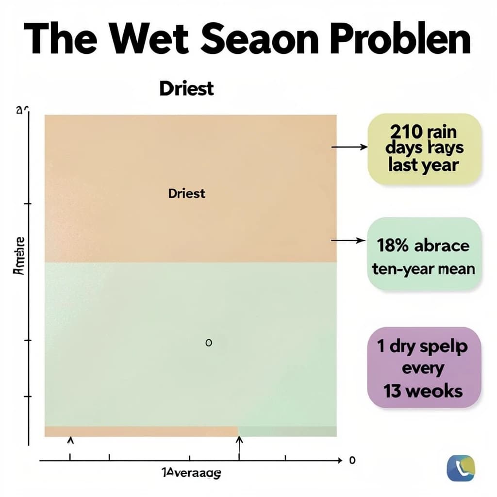 Printed poster titled "The Wet Season Problem". A twelve-month rainfall timeline sits at the center, carrying two keyed regions, "Driest" shaded sand and "Average" shaded pale green. Three stat chips run down a right column, reading "210 rain days last year", "18% above the ten-year mean" and "1 dry spell every 13 weeks". Each key color matches the shading of the region it names.