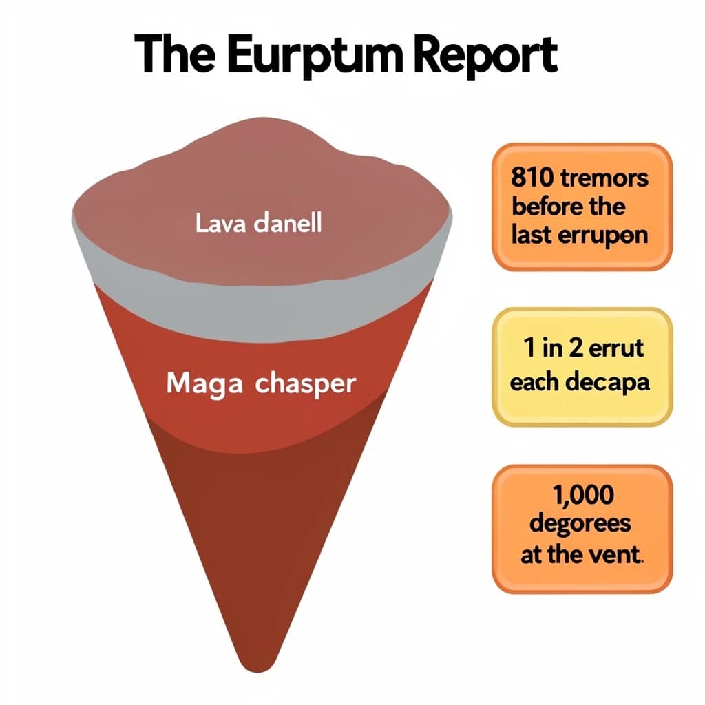 Flat vector illustration titled "The Eruption Report". A cutaway cone sits at the center, carrying three keyed regions, "Lava channel" shaded red, "Ash cloud" shaded gray and "Magma chamber" shaded orange. Three stat chips run down a right column, reading "810 tremors before the last eruption", "1 in 23 erupt each decade" and "1,000 degrees at the vent". Each key color matches the shading of the region it names.