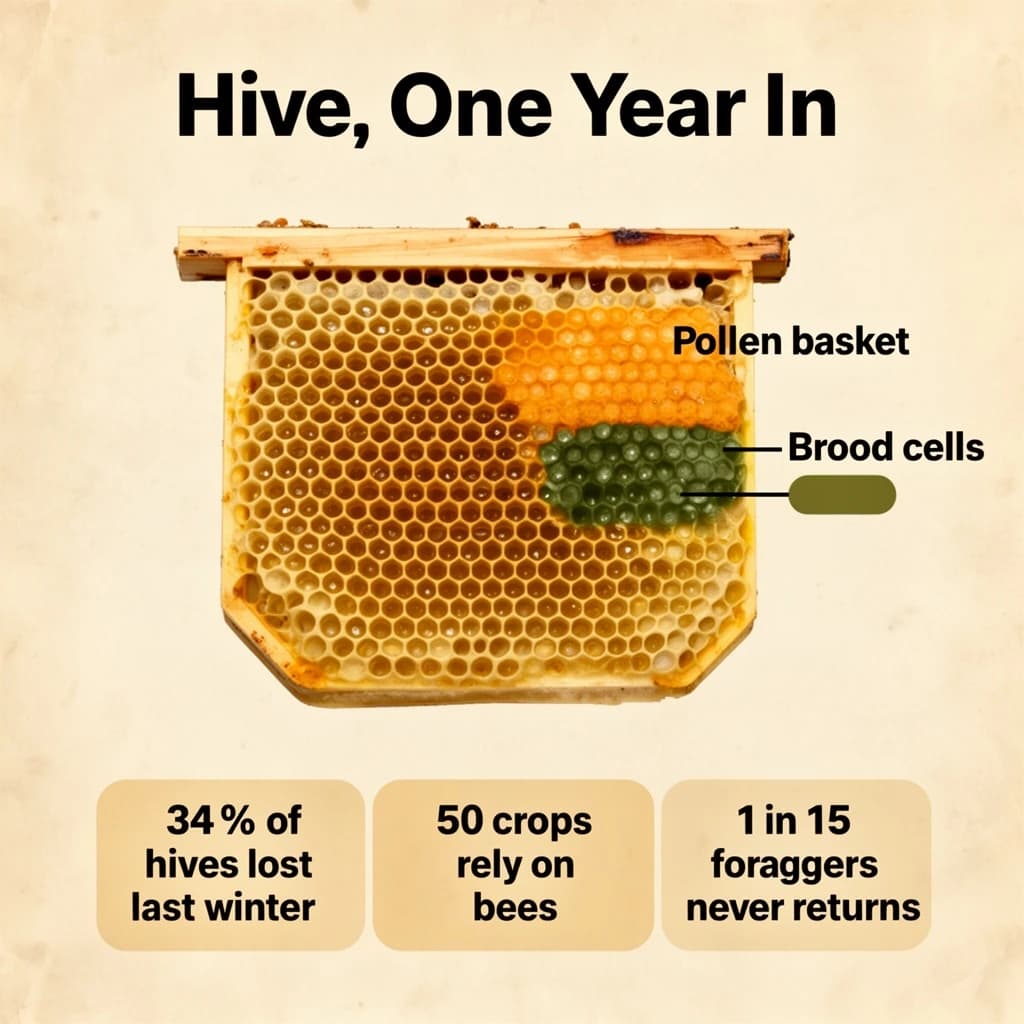 Printed poster titled "Hive, One Year In": at the center a cutaway of a hive frame, carrying two keyed regions, "Pollen basket" shaded amber and "Brood cells" shaded olive, beside a bottom row of three stat chips reading "34% of hives lost last winter", "50 crops rely on bees" and "1 in 15 foragers never returns".