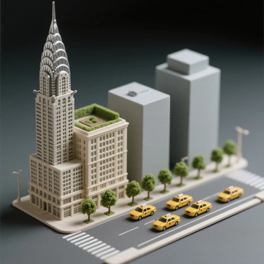 Tilt shift photograph of a hand built architectural scale model of a Midtown Manhattan block, studio lit from the upper left.
The Chrysler Building stands on the corner in polished silver card with its stepped crown and triangular windows. Directly across the street sits a proposed cream limestone tower, two floors shorter, topped by a stepped roof garden. Between them four smaller grey massing blocks in plain foam. Six tiny yellow cabs on the avenue, three stopped at the crossing and three queued behind, with a line of green model trees down the median.