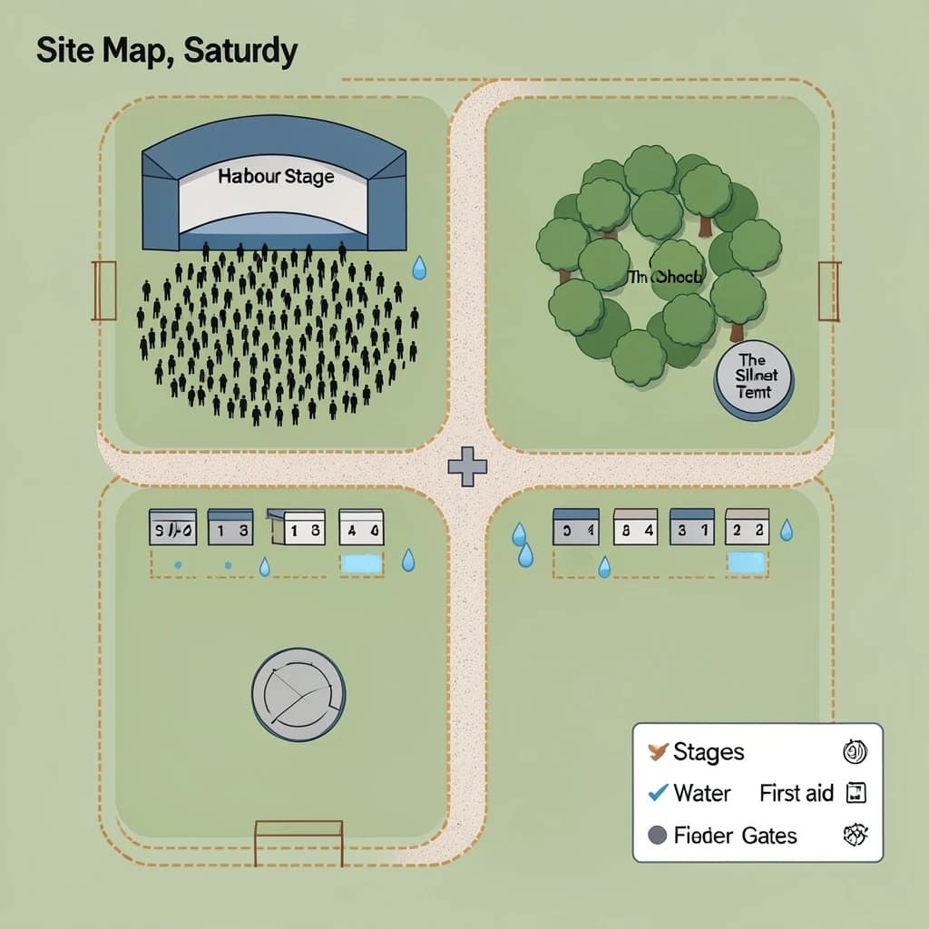 Festival site map in flat editorial infographic style, bird's eye, flat colour blocks on a sage green field inside a dotted perimeter fence.
Four stages: the main "Harbour Stage" along the north edge with a wide crowd shape in front of it, "Tin Shed" on the east, "The Orchard" on the west inside a cluster of round tree canopies, and a small circular "Silent Tent" at the south west corner with no crowd shape around it.
Two food streets run east to west between the stages, the northern one with nine numbered stalls and the southern one with six. Three water points marked by blue droplets sit one beside each of the first three stages. A single first aid cross sits where the two food streets meet the central path.
A gravel path loops the whole site as a dashed ochre line, with entrance gates on the south and east sides only.
A legend box in the lower right lists "Stages", "Food", "Water", "First aid" and "Gates", each with its own symbol. Title at the top left reads "Site Map, Saturday".