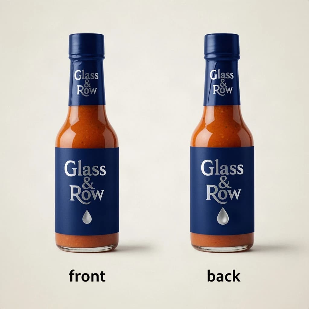 Printed poster of the same hot-sauce bottle drawn in two views, captioned "front" and "back", every view carrying the wordmark "Glass & Row" with a single droplet symbol beside it in the same blue-and-silver coloring, only the angle changing.