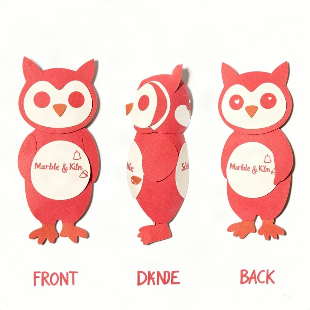 Cut-paper collage of the same bookstore owl mascot drawn in three views, captioned "front", "side" and "back", every view carrying the wordmark "Marble & Kiln" with a small bell outline beside it in the same red-and-cream coloring, only the angle changing.