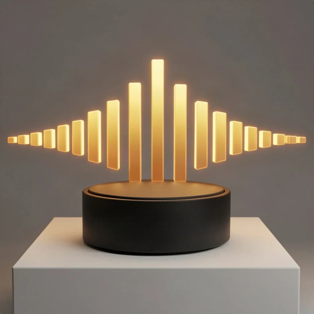 Cinematic 3D render of a matte black speaker puck on a white plinth, with a sound waveform behind it built from fourteen glowing amber bars in a gentle curve, the three tallest centred directly behind the puck and the bars shortening evenly toward both ends.