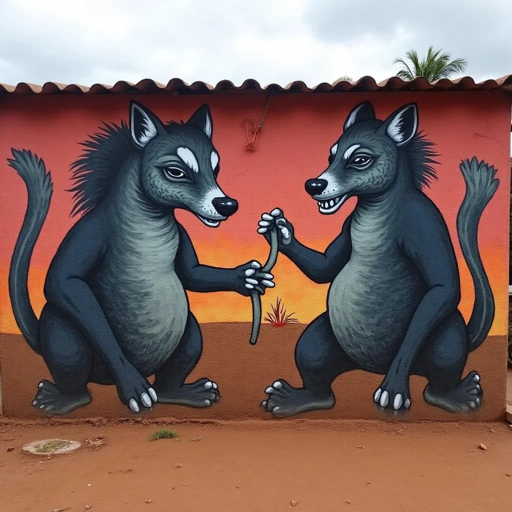 Civet and Aardvark in Yamoussoukro, Côte d'Ivoire in the style of graffiti