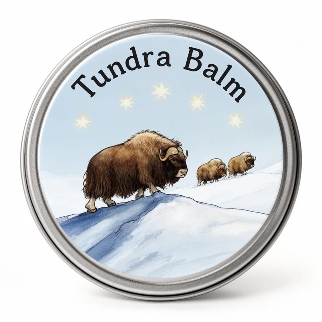 Children's illustration for a balm tin lid: a shaggy musk ox on a snowy ridge with three smaller ones following behind in a line, four pale stars in the sky above, and "Tundra Balm" curved along the top edge in rounded lettering.