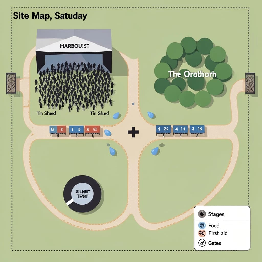 Festival site map in flat editorial infographic style, bird's eye, flat colour blocks on a sage green field inside a dotted perimeter fence.
Four stages: the main "Harbour Stage" along the north edge with a wide crowd shape in front of it, "Tin Shed" on the east, "The Orchard" on the west inside a cluster of round tree canopies, and a small circular "Silent Tent" at the south west corner with no crowd shape around it.
Two food streets run east to west between the stages, the northern one with nine numbered stalls and the southern one with six. Three water points marked by blue droplets sit one beside each of the first three stages. A single first aid cross sits where the two food streets meet the central path.
A gravel path loops the whole site as a dashed ochre line, with entrance gates on the south and east sides only.
A legend box in the lower right lists "Stages", "Food", "Water", "First aid" and "Gates", each with its own symbol. Title at the top left reads "Site Map, Saturday".