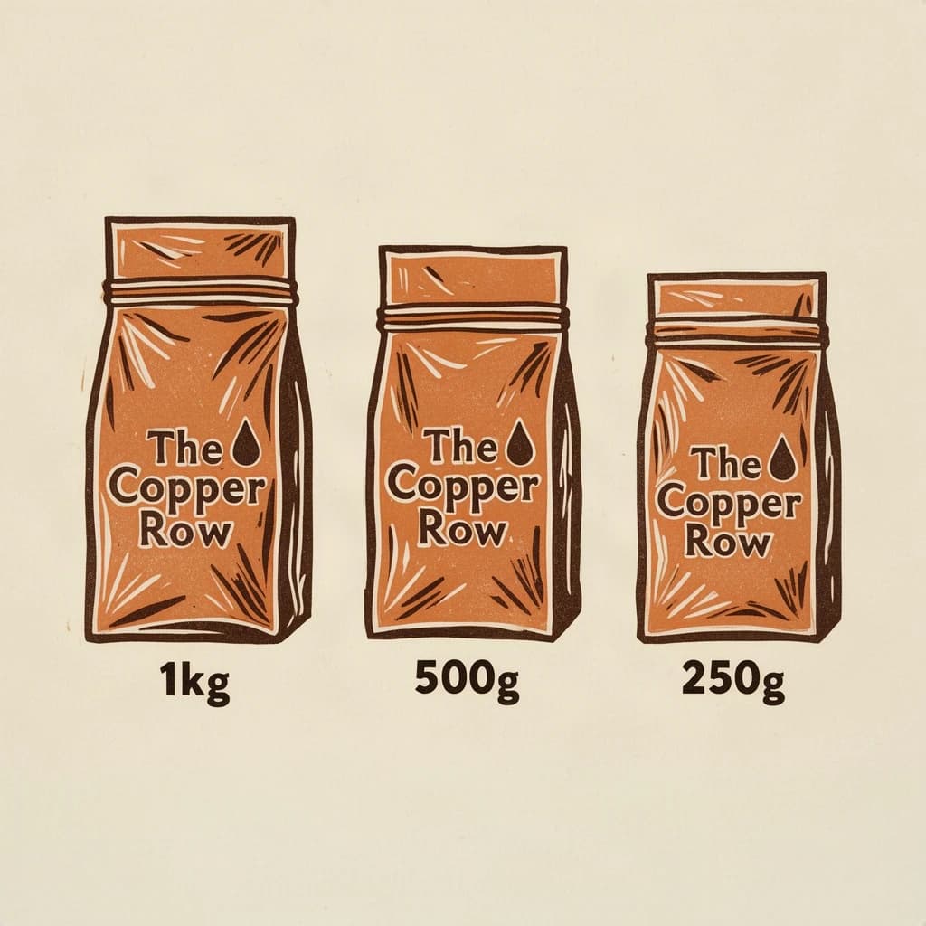 Linocut print: one coffee bag in three sizes. The sizes are captioned "1kg", "500g" and "250g" in that order. The wordmark "The Copper Row" appears on every size with a single droplet symbol beside it. The orange-and-brown coloring is the same across every size, and only the bag size changes.