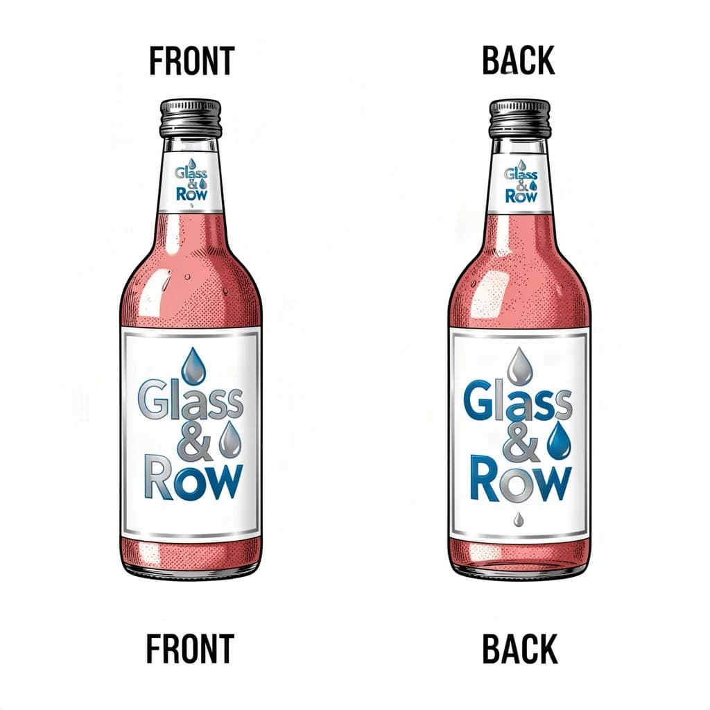 Printed poster of the same hot-sauce bottle drawn in two views, captioned "front" and "back", every view carrying the wordmark "Glass & Row" with a single droplet symbol beside it in the same blue-and-silver coloring, only the angle changing.