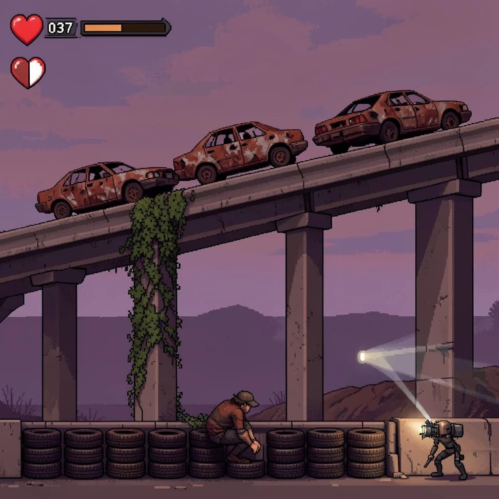 Side-scrolling pixel art screenshot from a post-apocalyptic survival platformer, dusk palette of rust and violet. A collapsed highway overpass cuts diagonally across the frame on four concrete support pillars, the second from the left snapped in half and wrapped in vines. On the deck above sit three burnt-out cars nose to tail, only the middle one still upright. Below, the player crouches behind a barricade of five stacked tires while two scavenger drones sweep flashlight cones in from the right. Top-left interface: three heart icons with the last half empty, a scrap counter reading "037", and a thin compass strip.