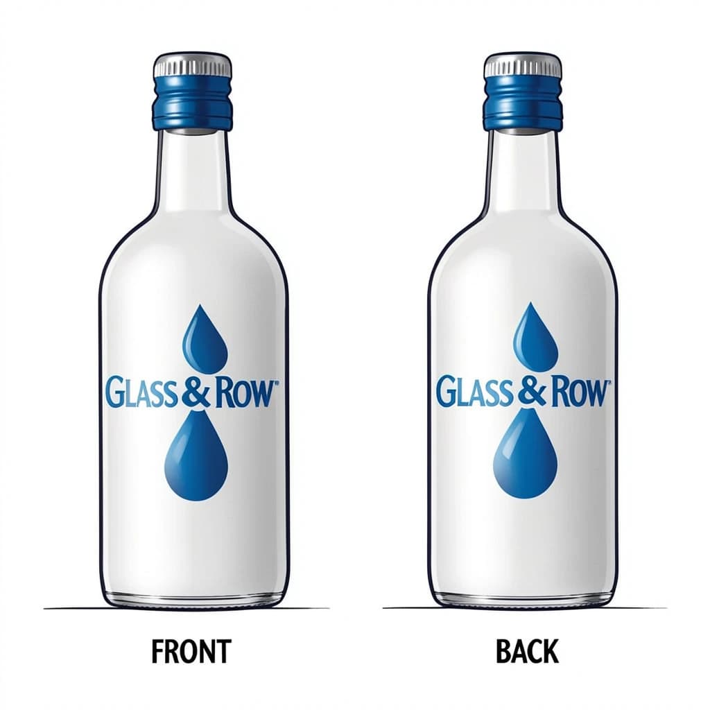 Printed poster of the same hot-sauce bottle drawn in two views, captioned "front" and "back", every view carrying the wordmark "Glass & Row" with a single droplet symbol beside it in the same blue-and-silver coloring, only the angle changing.