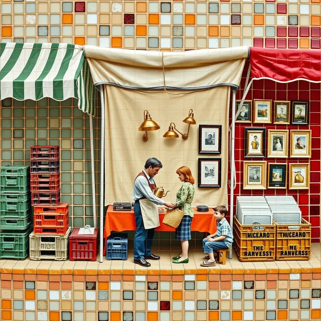 Glass tile mosaic of a Sunday flea market seen from a slightly raised angle, small square tesserae and warm terracotta grout. Three stall awnings in a row: the left one striped green and white over stacked vinyl crates, the middle plain canvas over six brass lamps with only the two tallest wearing shades, the right red awning hung with nine framed pictures in three rows of three. Under the middle awning a vendor in an apron hands a teapot across the table to a woman holding a straw basket, while a boy crouches at her feet by a crate of records. No lettering anywhere.