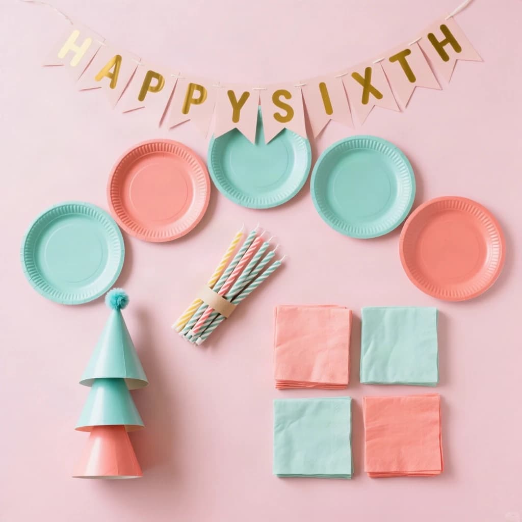 Flat lay photograph on pale pink paper, lit softly from above.
Eight paper plates fanned in an arc across the top of the frame, alternating mint and coral, four of each, mint first from the left.
Below the arc, twelve striped candles bundled under a paper band, laid diagonally.
Three cone party hats stacked at the lower left, only the middle hat trimmed with a pom pom.
At the lower right, six folded napkins in two piles of three, one pile mint and one coral.
A paper banner strung across the very top spells "HAPPY SIXTH" in gold letters, a few letters overlapping the plate arc.