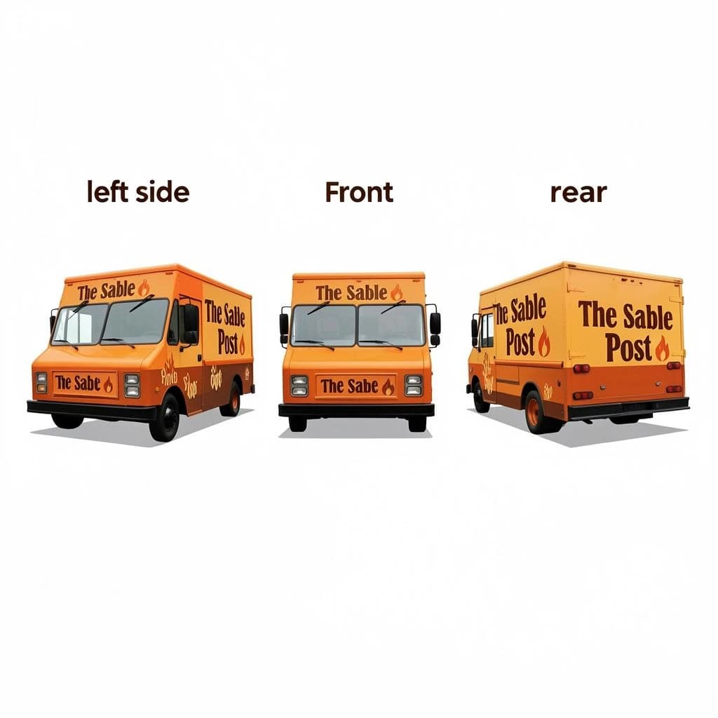 Printed poster: one food truck in three sides. The sides are captioned "left side", "front" and "rear" in that order. The wordmark "The Sable Post" appears on every side with a small flame icon beside it. The orange-and-brown coloring is the same across every side, and only the side changes.