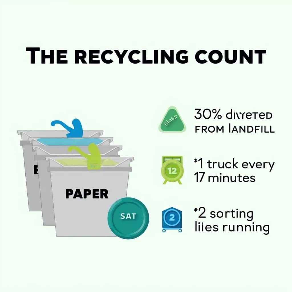 Printed poster titled "The Recycling Count". Three sorting bins with arrows to their destinations sits at the center, carrying two keyed regions, "Glass" shaded green and "Paper" shaded blue. Three stat chips run down a right column, reading "30% diverted from landfill", "1 truck every 17 minutes" and "2 sorting lines running". Each key color matches the shading of the region it names.