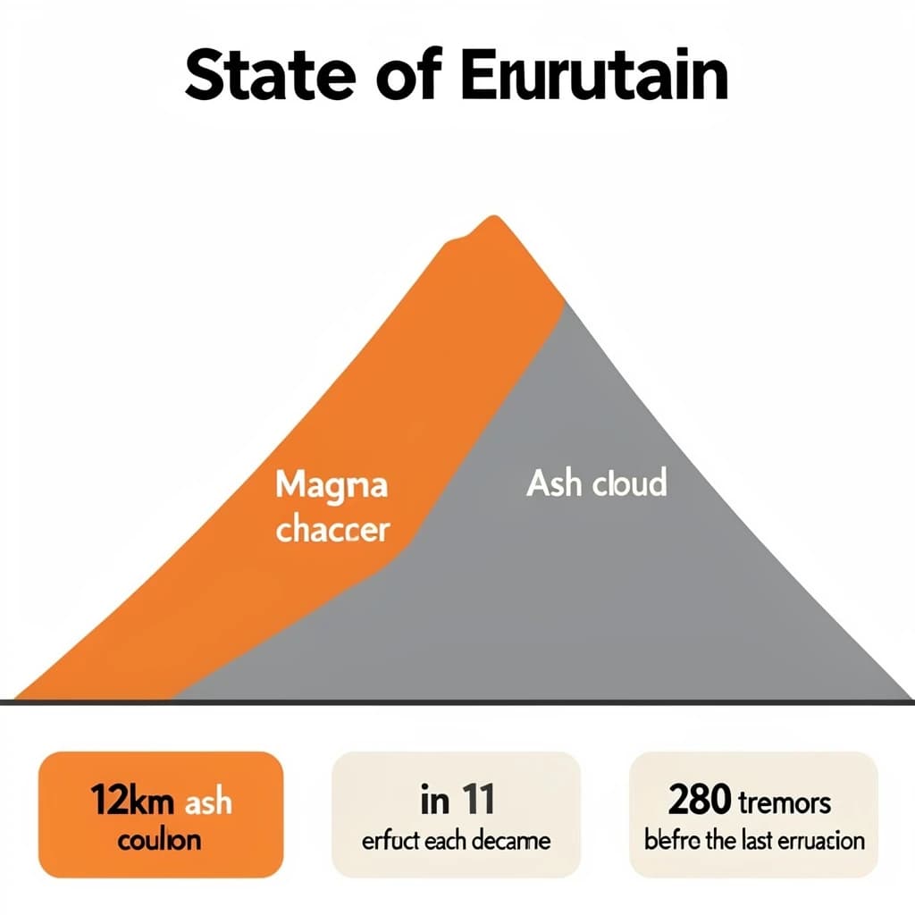 Flat infographic titled "State of Eruption". A simplified hazard map of the slopes sits at the center, carrying two keyed regions, "Magma chamber" shaded orange and "Ash cloud" shaded gray. Three stat chips run down a bottom row, reading "12km ash column", "1 in 11 erupt each decade" and "280 tremors before the last eruption". Each key color matches the shading of the region it names.