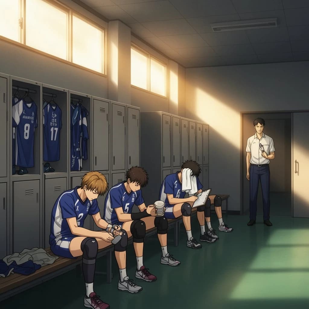Modern anime interior for a high school volleyball series, wide view down a team locker room after practice. Eight lockers along the back wall in two banks of four, the three on the far left hanging open with jerseys spilling out and the rest shut. Four players occupy the foreground bench: the setter re-taping two fingers, the libero pulling on a knee sleeve, the captain reading a clipboard, and a first year asleep sitting upright with a towel over his face. A coach stands in the right doorway holding a whistle, half in shadow. Warm late-sun bars fall through high frosted windows, cel shading, clean bold linework.