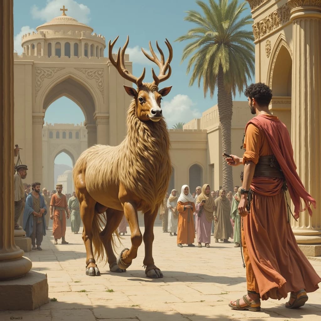 Aerie and Artiodactyl in Baghdad, Iraq in the style of rococo