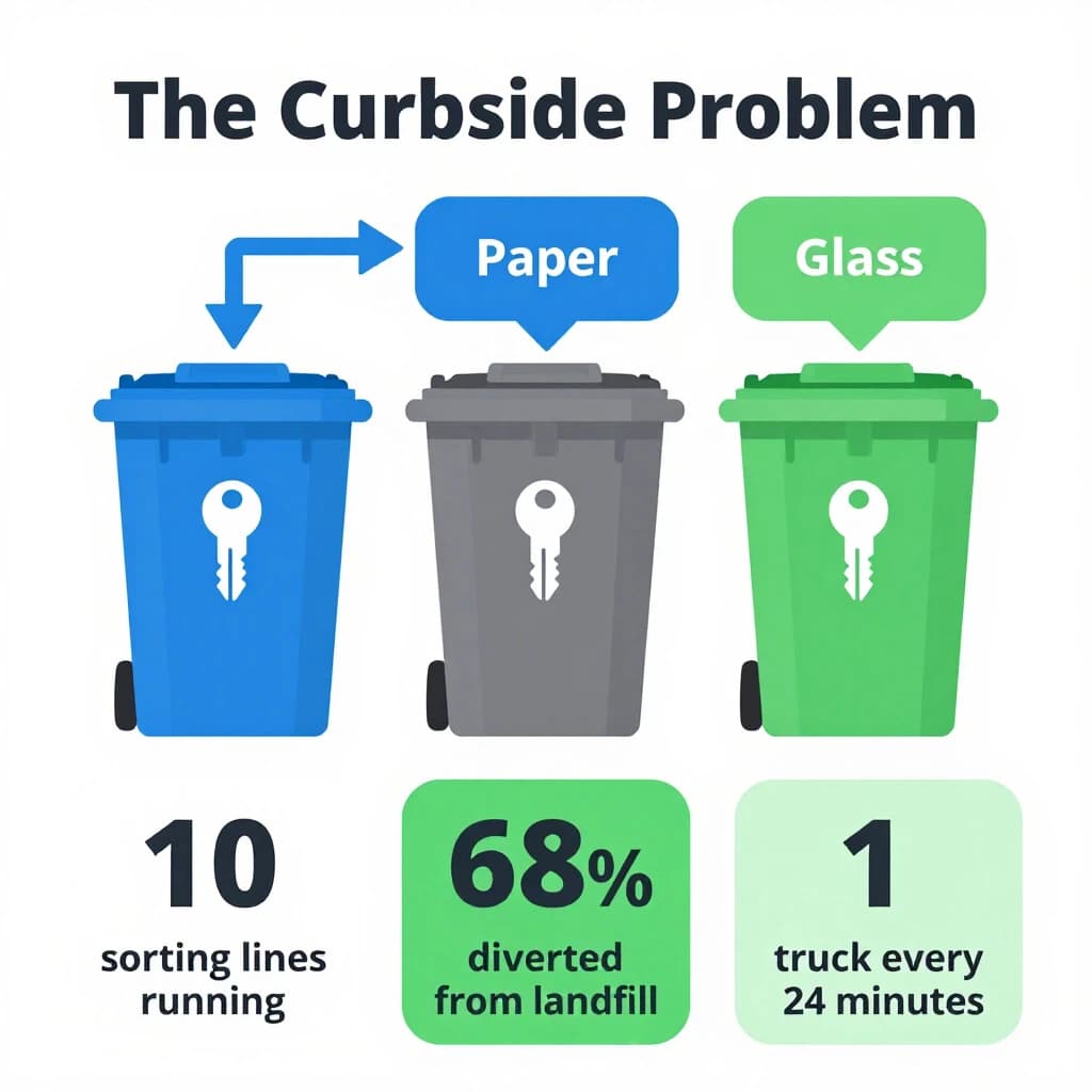 Flat vector illustration titled "The Curbside Problem". Three sorting bins with arrows to their destinations sits at the center, carrying two keyed regions, "Paper" shaded blue and "Glass" shaded green. Three stat chips run down a bottom row, reading "10 sorting lines running", "68% diverted from landfill" and "1 truck every 24 minutes". Each key color matches the shading of the region it names.