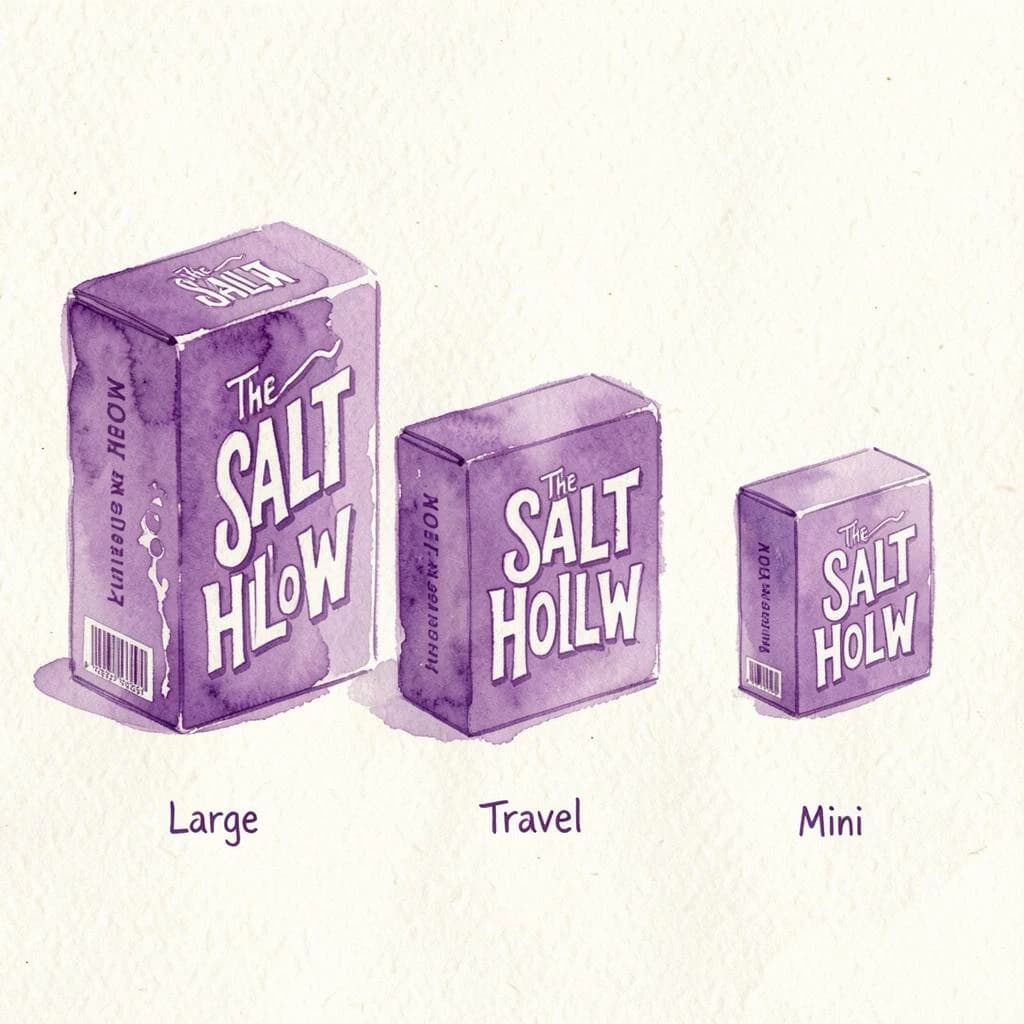 Watercolor of the same board-game box drawn in three editions, captioned "Large", "Travel" and "Mini", every edition carrying the wordmark "The Salt Hollow" in the same purple-and-white coloring, only the box size changing.