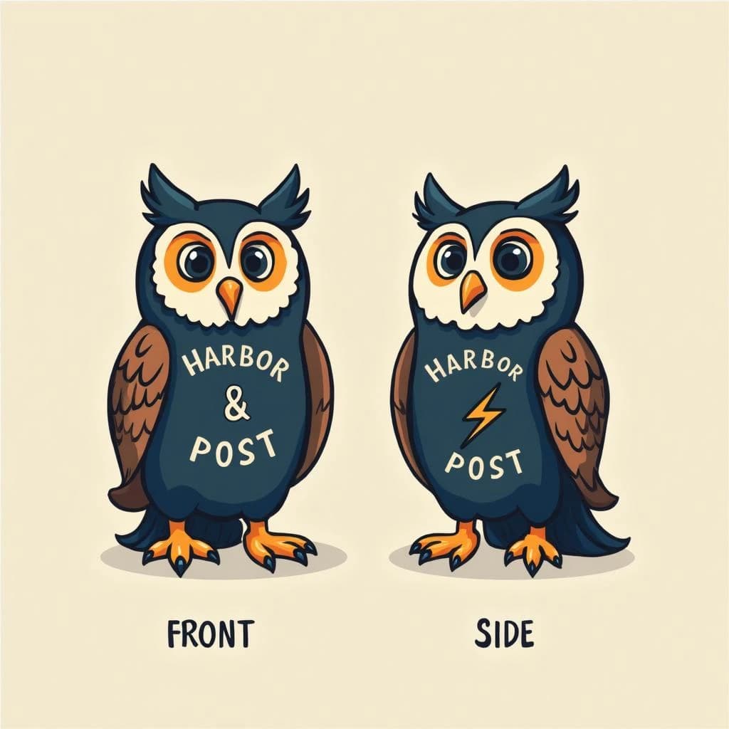 Flat vector illustration of the same bookstore owl mascot drawn in two views, captioned "front" and "side", every view carrying the wordmark "Harbor & Post" with a lightning-bolt symbol beside it in the same navy-and-gold coloring, only the angle changing.