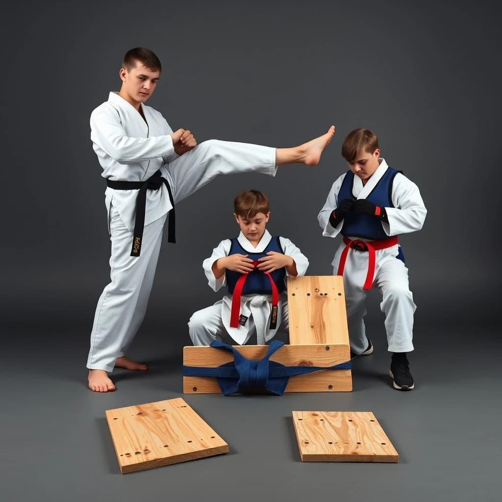 Studio photography, stunt and costume reference on a seamless charcoal backdrop, one hard key from camera left. Three taekwondo athletes in a tight diagonal: the tallest, in a white uniform with a black belt, holds a side kick frozen at chest height; the shortest, in navy with a red belt, ducks under it with both palms flat on the floor; the third kneels behind them fastening a blue chest guard onto a folded uniform. Two snapped pine boards lie at the front edge of the frame, a third board still whole in a holder's gloved hands.
