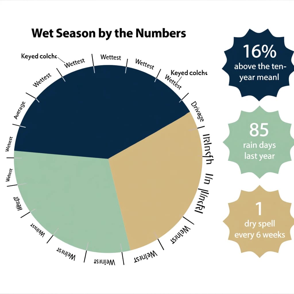 Flat vector illustration titled "Wet Season by the Numbers". A twelve-month rainfall timeline sits at the center, carrying three keyed regions, "Wettest" shaded dark blue, "Average" shaded pale green and "Driest" shaded sand. Three stat chips run down a right column, reading "16% above the ten-year mean", "85 rain days last year" and "1 dry spell every 6 weeks". Each key color matches the shading of the region it names.