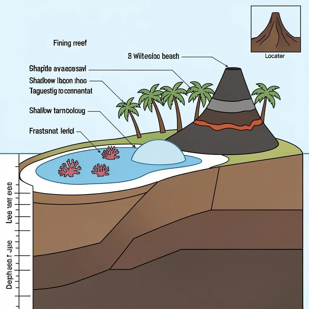 Cross section of a volcanic tropical island as a flat academic figure with clean colour blocks and a horizontal sea level line. Reading from the ocean on the left toward the right: a fringing reef crest, a shallow lagoon holding three coral heads, a white sand beach, a coconut palm belt of five trees, then a rising basalt cone with two lava layers picked out in darker grey, and a freshwater lens drawn as a pale blue dome under the middle of the island. Below sea level the flanks drop in three stepped terraces to a flat deep floor. Eight leader line labels, a depth scale down the left edge, and a small locator inset in the top right.