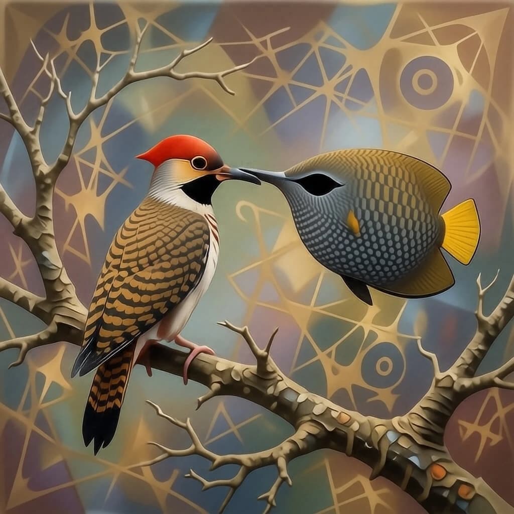 Gilded Flicker and Queen Triggerfish in Brasília, Brazil in the style of abstract