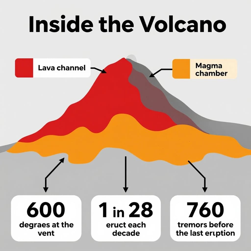 Flat infographic titled "Inside the Volcano". A simplified hazard map of the slopes sits at the center, carrying two keyed regions, "Lava channel" shaded red and "Magma chamber" shaded orange. Three stat chips run down a bottom row, reading "600 degrees at the vent", "1 in 28 erupt each decade" and "760 tremors before the last eruption". Each key color matches the shading of the region it names.