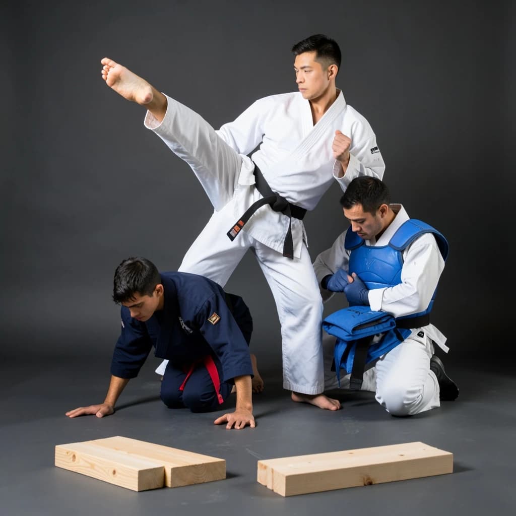 Studio photography, stunt and costume reference on a seamless charcoal backdrop, one hard key from camera left. Three taekwondo athletes in a tight diagonal: the tallest, in a white uniform with a black belt, holds a side kick frozen at chest height; the shortest, in navy with a red belt, ducks under it with both palms flat on the floor; the third kneels behind them fastening a blue chest guard onto a folded uniform. Two snapped pine boards lie at the front edge of the frame, a third board still whole in a holder's gloved hands.