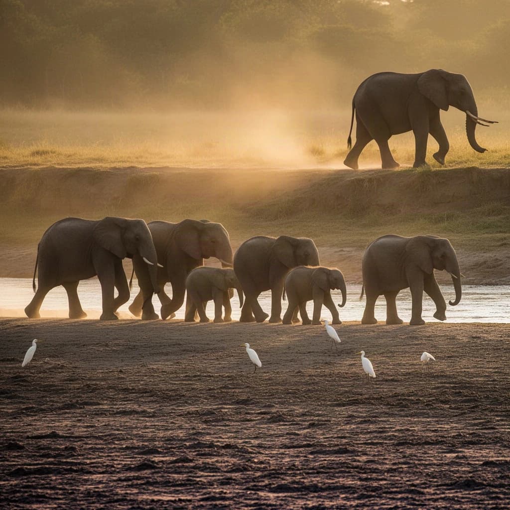 Wildlife photograph for a conservation campaign: a herd crossing a dusty riverbed in low sun. Seven elephants walking left to right, three adults flanking on the outside and two calves tucked between them, one adult trailing at the rear with a broken tusk, and the lead matriarch already up the far bank. Four egrets on the ground, only two of them near the calves. Long shadows, dust haze, nothing written in frame.