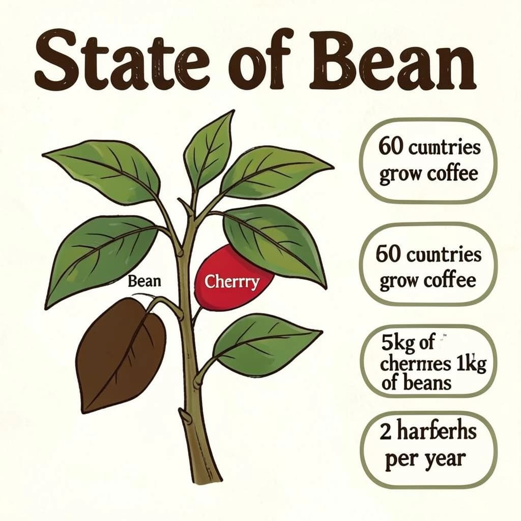 Printed poster titled "State of Bean": at the center a labeled coffee-plant diagram, carrying three keyed regions, "Bean" shaded brown, "Cherry" shaded red and "Leaf" shaded green, beside a right column of three stat chips reading "60 countries grow coffee", "5kg of cherries make 1kg of beans" and "2 harvests per year".