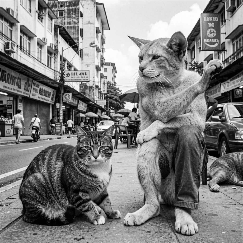 Channel Cat and Megathere in Manila, Philippines in the style of black and white