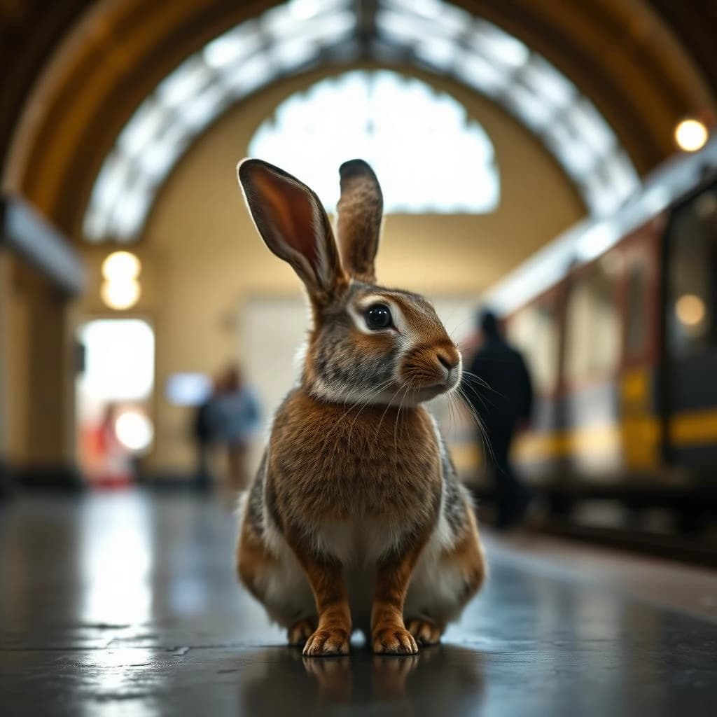 85mm f/1.8 profile framing of an arctic hare inside a train station hall, rim-lit, slight barrel distortion, medium-format look