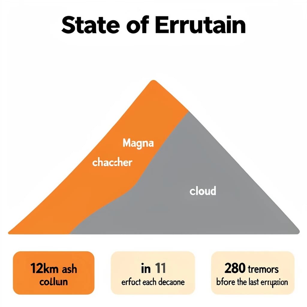 Flat infographic titled "State of Eruption". A simplified hazard map of the slopes sits at the center, carrying two keyed regions, "Magma chamber" shaded orange and "Ash cloud" shaded gray. Three stat chips run down a bottom row, reading "12km ash column", "1 in 11 erupt each decade" and "280 tremors before the last eruption". Each key color matches the shading of the region it names.