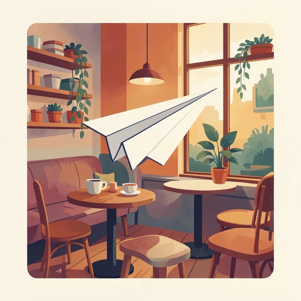 Silkscreen print of a paper airplane inside a cozy cafe, layered wash, smooth vector finish, split-complementary palette.
