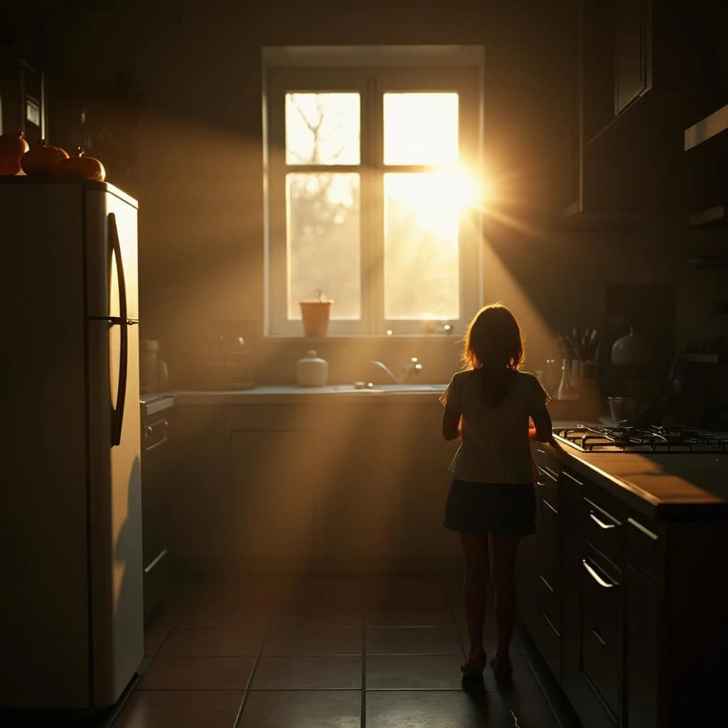 The still point when a paper lantern reads as a single dark silhouette, in a sunlit kitchen, under soft morning light.