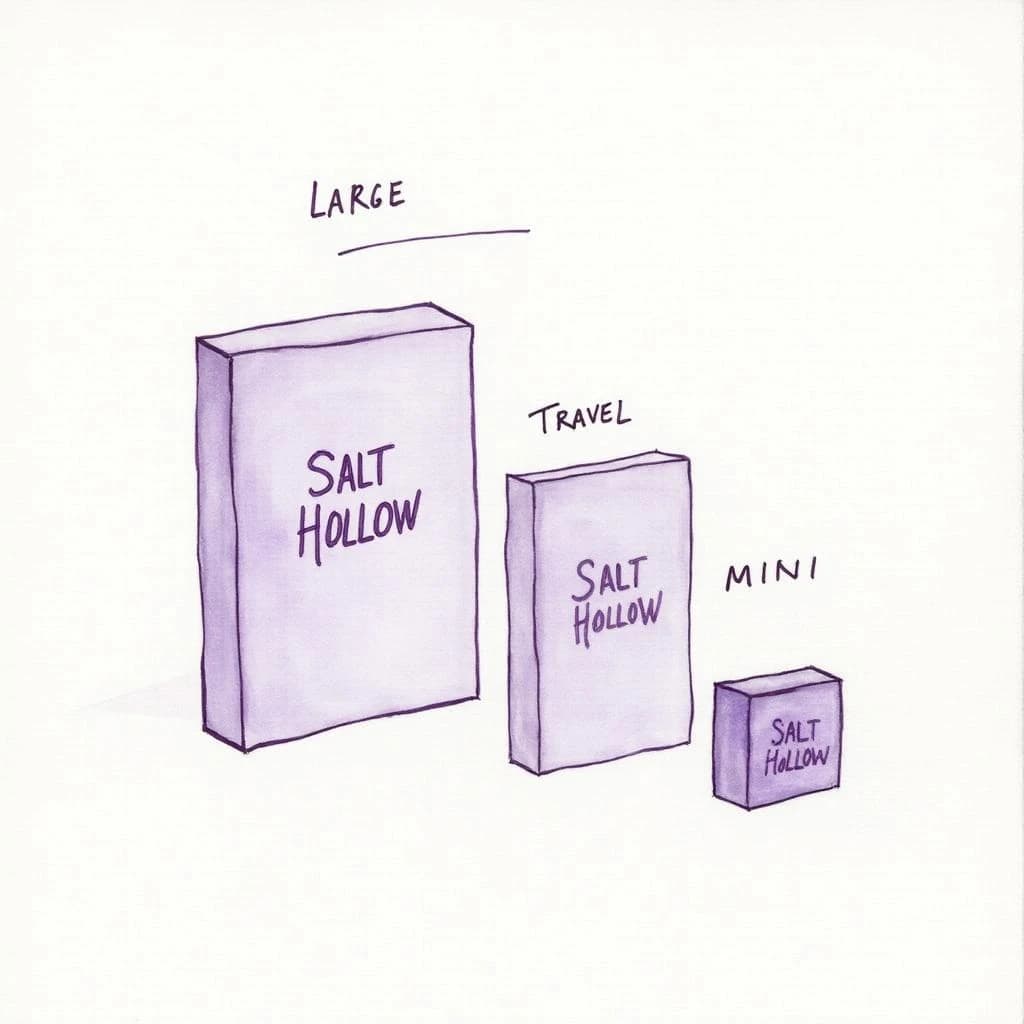 Watercolor of the same board-game box drawn in three editions, captioned "Large", "Travel" and "Mini", every edition carrying the wordmark "The Salt Hollow" in the same purple-and-white coloring, only the box size changing.