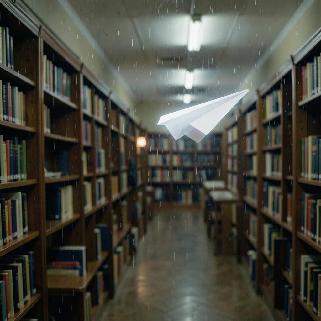 The quiet second when a paper airplane picks up a soft edge highlight, in a quiet library, after a light rain shower.