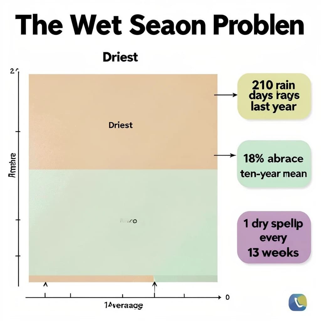 Printed poster titled "The Wet Season Problem". A twelve-month rainfall timeline sits at the center, carrying two keyed regions, "Driest" shaded sand and "Average" shaded pale green. Three stat chips run down a right column, reading "210 rain days last year", "18% above the ten-year mean" and "1 dry spell every 13 weeks". Each key color matches the shading of the region it names.
