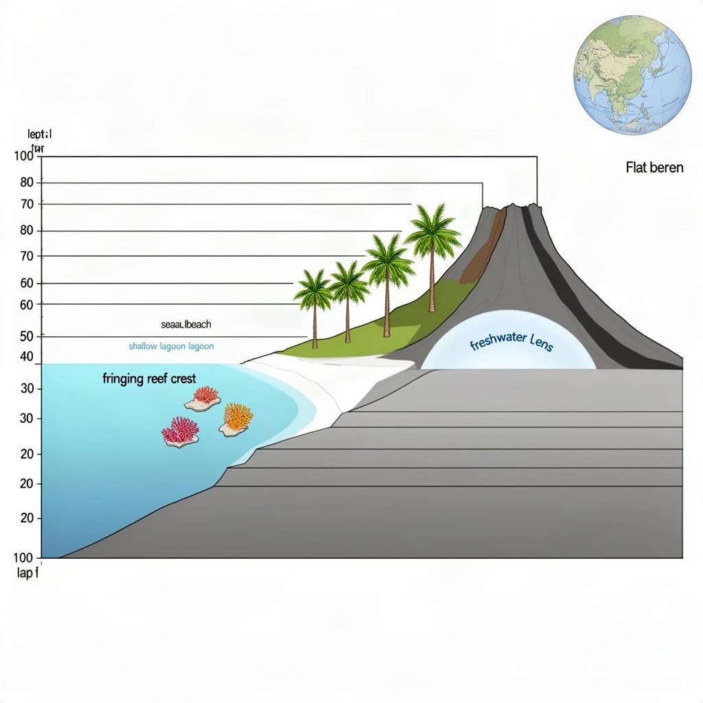 Cross section of a volcanic tropical island as a flat academic figure with clean colour blocks and a horizontal sea level line. Reading from the ocean on the left toward the right: a fringing reef crest, a shallow lagoon holding three coral heads, a white sand beach, a coconut palm belt of five trees, then a rising basalt cone with two lava layers picked out in darker grey, and a freshwater lens drawn as a pale blue dome under the middle of the island. Below sea level the flanks drop in three stepped terraces to a flat deep floor. Eight leader line labels, a depth scale down the left edge, and a small locator inset in the top right.