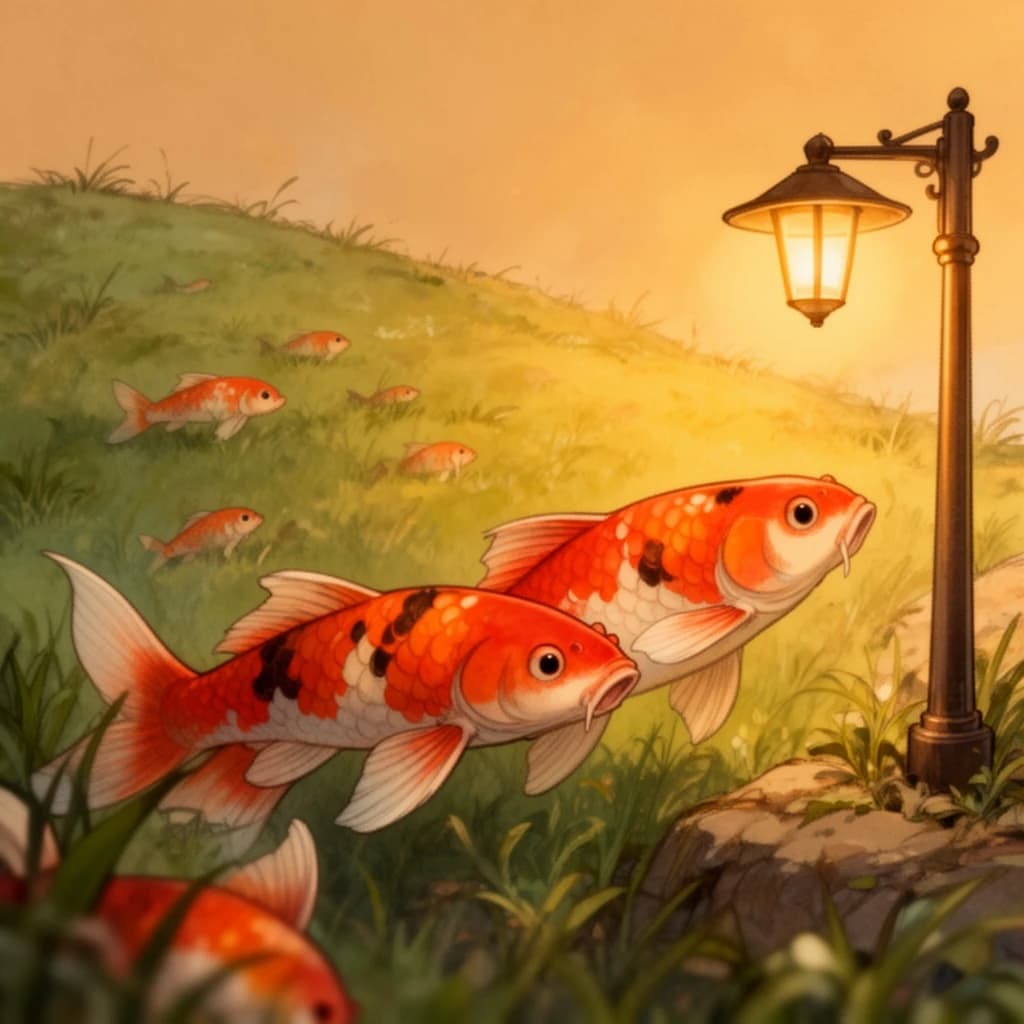 koi fish, grassy hillside, warm lamplight, macro close-up, storybook illustration, high detail