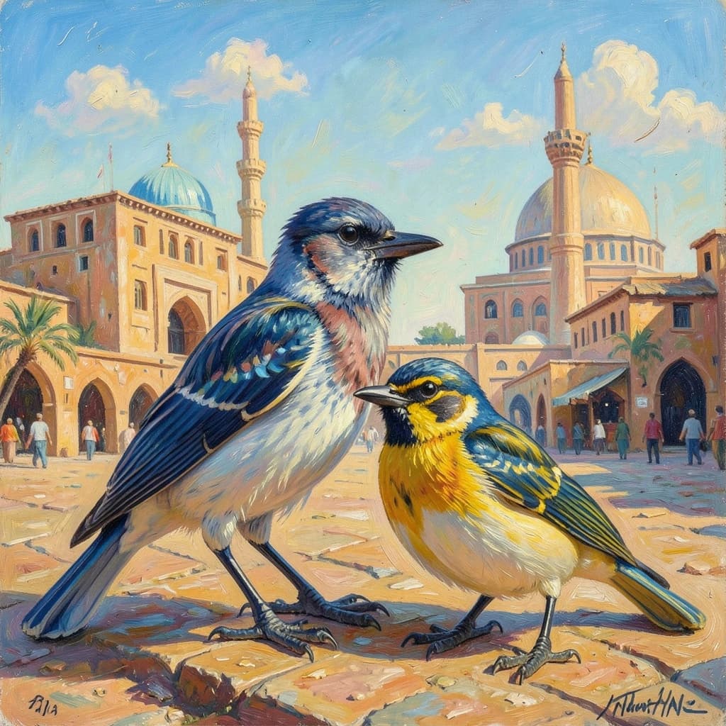 Scrub-Bird and Yellowtail in Cairo, Egypt in the style of impressionist